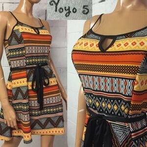 Y2K Yoyo 5~ Tribal Print Orange/Black Fit & Flare Mini Casual Summer Sundress~L
